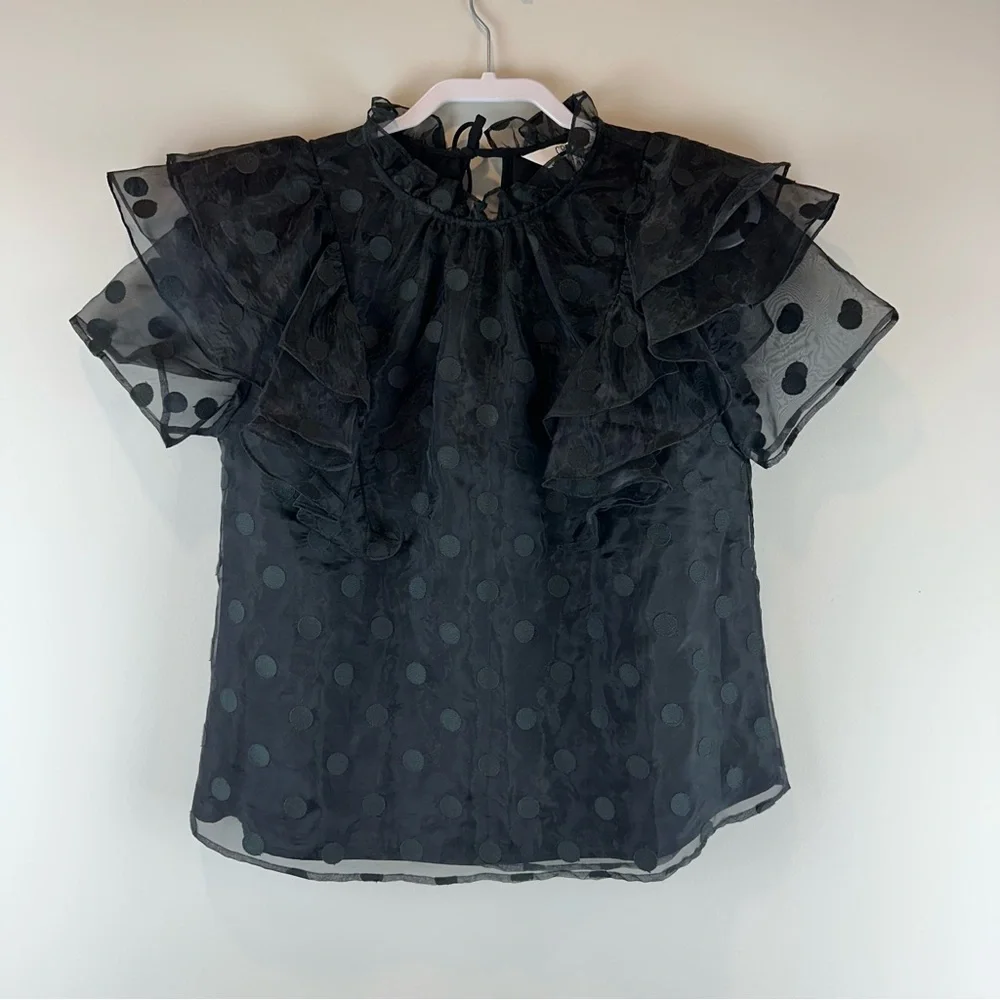 NEW Crosby by Mollie Burch Black Polka Dot Flutter Short Sleeve Emory Top Medium